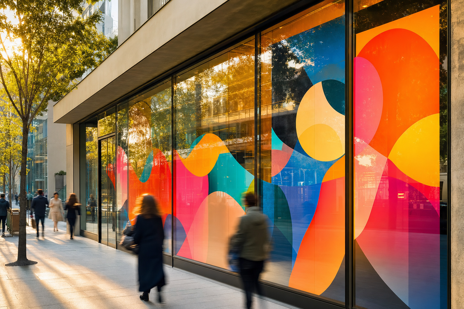 A bright storefront with colourful graphics covering its glass windows