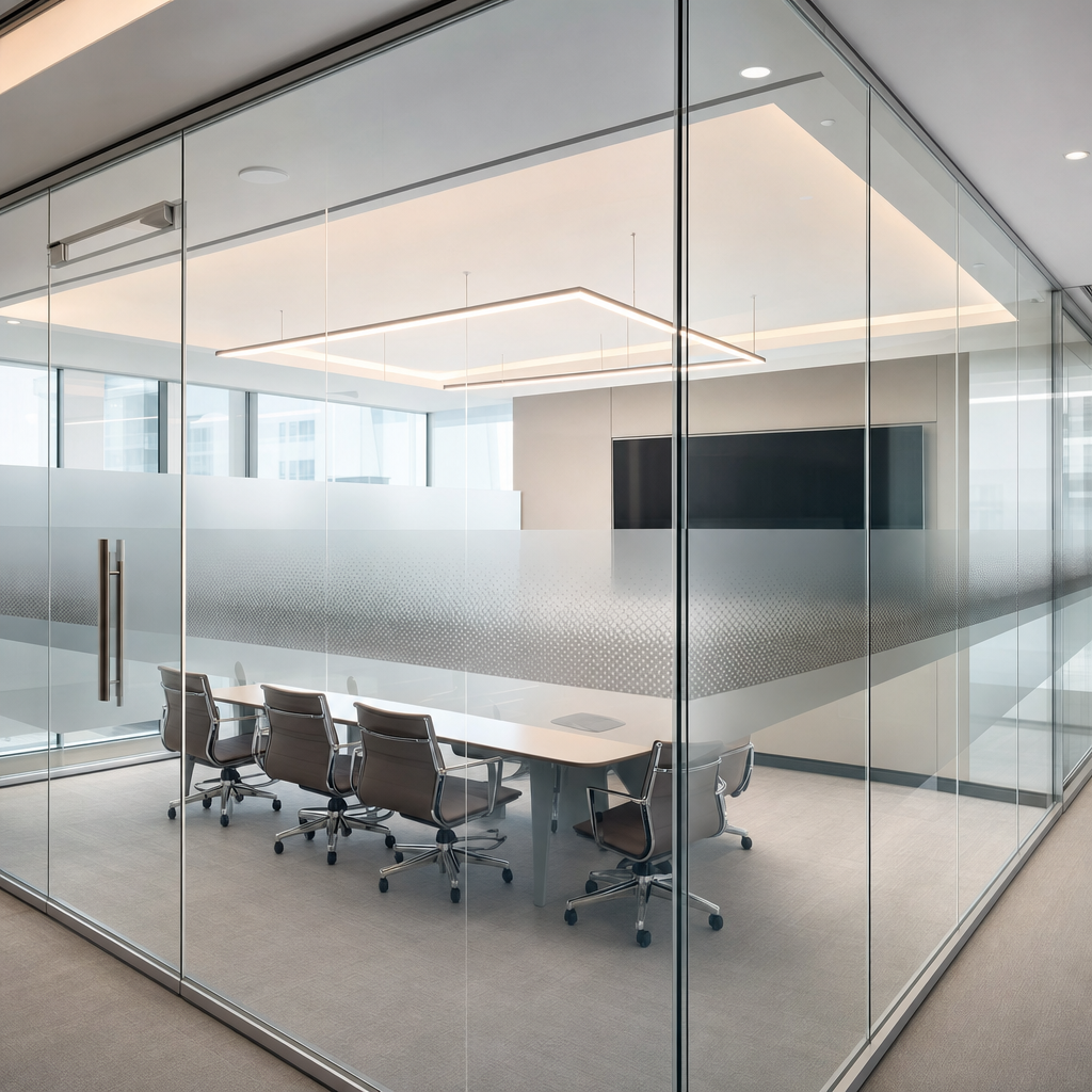Office meeting room with frosted privacy film patterns on glass walls