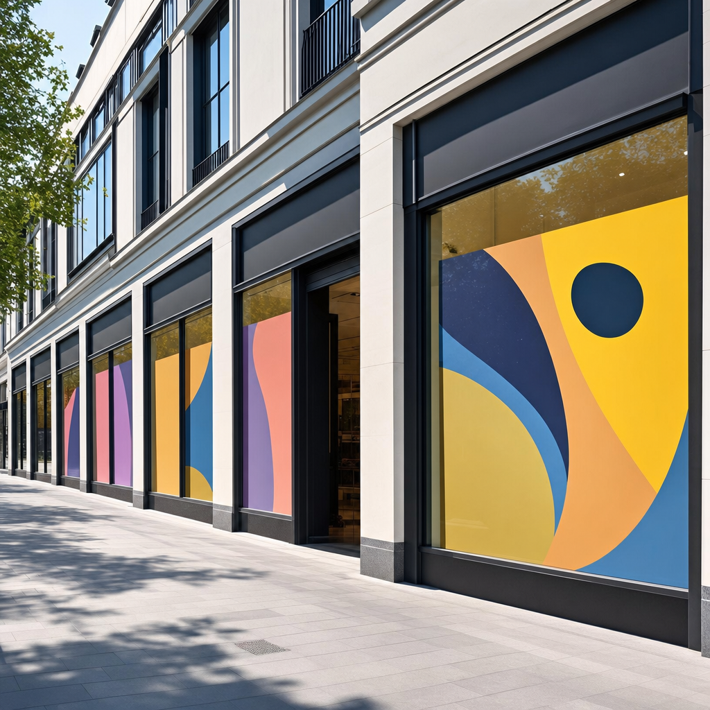 Row of retail storefronts with matching colourful window campaign graphics