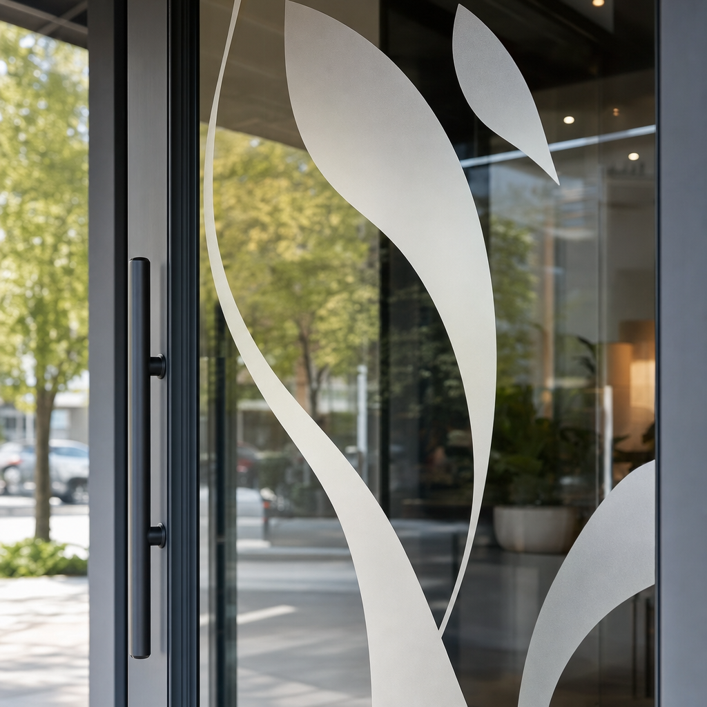 Glass door with clean cut vinyl shapes applied to the pane